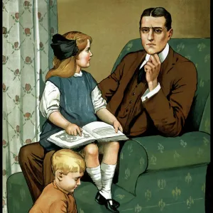 World War I poster of a little girl sitting on her fathers lap and a boy playing