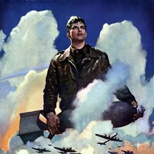 World War Two poster of an American Air Force Pilot staring into the clouds
