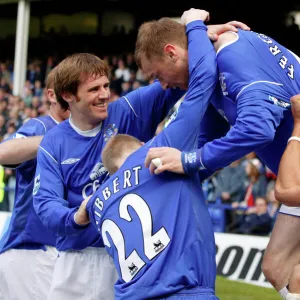 Duncan Ferguson is mobbed after his goal