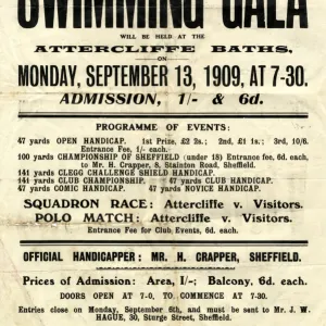 Advertisement poster for Attercliffe Swimming Club 31st Annual Swimming Gala at Attercliffe Baths, 1909