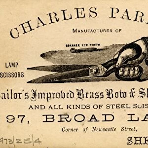 Card of Charles Parkin, scissor manufacturer, 97 Broad Lane (corner of Newcastle Street)