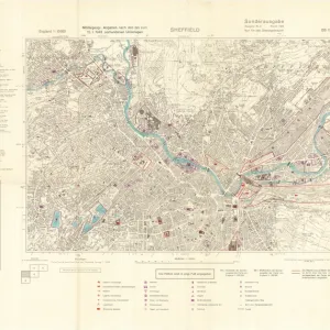 Ordnance Survey map of north east Sheffield copied by the Germans, and marked with bombing targets, c. 1940