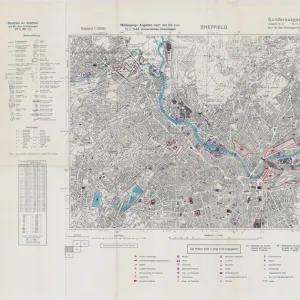 Ordnance Survey map of north Sheffield copied by the Germans, and marked with bombing targets