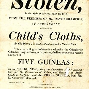 Stolen in the night of Monday 12 Apr 1813, from the premises of David Champion at Portobello, a quantity of childs cloths a, 1888