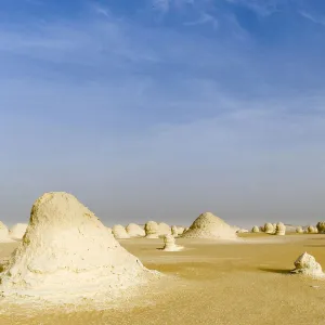 Chalk rock formations caused by sand storms, White desert in the Sahara, Egypt, February