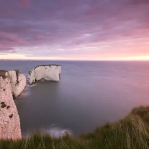 Old Harry Rocks at dawn, looking towards the Isle of Wight, Studland, Dorset, England, UK