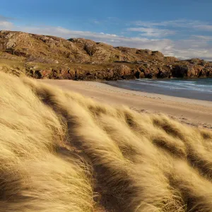 Oldshoremore Beach and dunes in evening light, Kinlochbervie, Sutherland, Scotland