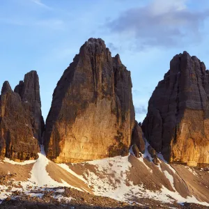 Tre Cime di Lavaredo Mountain at sunset, Sexten Dolomites, South Tyrol, Italy, Europe