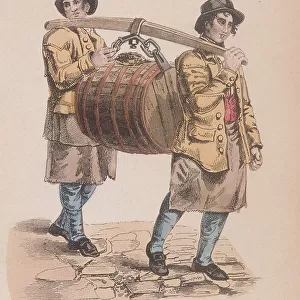 Two ale brewers draymen carrying a barrel between them, c1830
