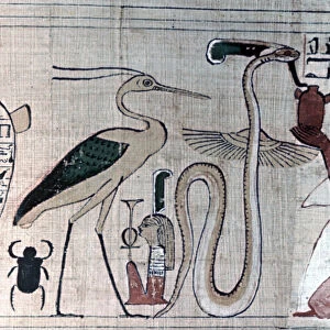 Ancient Egyptian papyrus of death kneeling before a snake