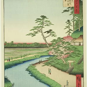 Basho's Hut on Camellia Hill Beside the Aquaduct at Sekiguchi (Sekiguchi josui-bata... 1857. Creator: Ando Hiroshige)