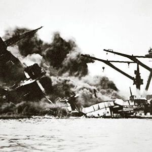 Battleship USS Arizona (BB-39) sinking during the attack on Pearl Harbour, 1941
