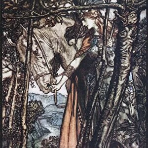Brunnhilde leads her horse by the bridle. Illustration for The Rhinegold and The Valkyrie by Richa Artist: Rackham, Arthur (1867-1939)