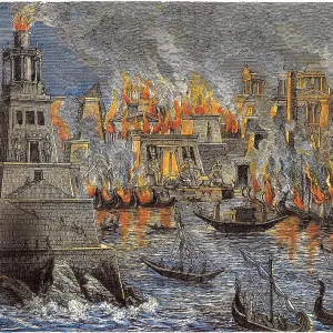 The Burning of the Library of Alexandria, 1876. Artist: Anonymous