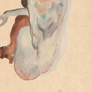 Crouching Nude in Shoes and Black Stockings, Back View, 1912. Creator: Egon Schiele