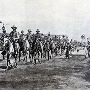 Cuba War, Spanish troops riding back from an expedition, engraving, 1897