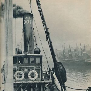Entering Grimsby Docks at the end of a North Sea voyage is the fishing vessel Saurian, 1937