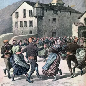 A print of a group dancing in Andorra, created by Henri Meyer in 1891 A print of a group dancing in Andorra, created by Henri Meyer in 1891