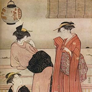 Three girls on the veranda of a tea-house overlooking Edo Bay at Shinagawa, c1752-1815. Artist: Torii Kiyonaga