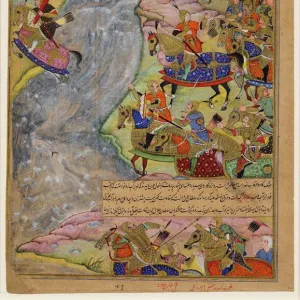 Jalal al-Din Khwarazm-Shah crossing the rapid Indus river, escaping Chinggis Khan and his army, 1597 Artist: Dharm Das (active c. 1577-1607)