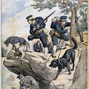 Japanese soldiers with dogs locate a Russian in hiding, Russo-Japanese War, 1904