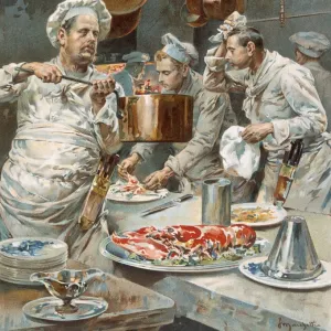 In the Kitchen preparations for Christmas Eve Dinner in a Paris Restaurant, from L Illustration