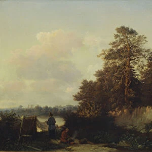Landscape with Anglers, 1852. Artist: Kamenev, Valerian Konstantinovich (1823-1874)