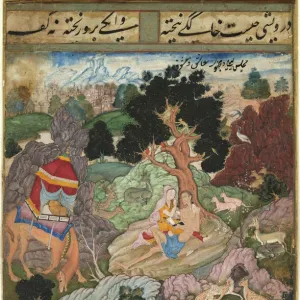 Layla and Majnun in the wilderness with animals, from a Khamsa (Quintet)... c. 1590-1600