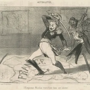 Print of Tsar Nicholas attacking a map of France with his sword Print of Tsar Nicholas attacking a map of France with his sword