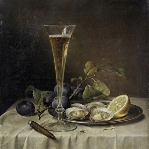 Still life with champagne and oysters, 1857. Creator: Preyer, Johann Wilhelm (1803-1889)