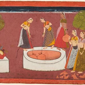 Madhava plays his vina before five women drawing water from a well, from a Madhavanala