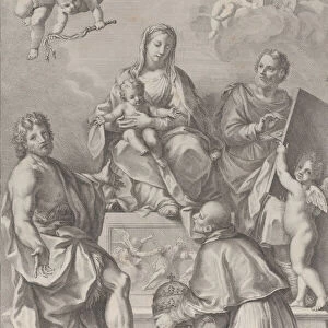 Madonna and Child at center with Saint John the Baptist, Saint Luke, Pope Peter Celestini
