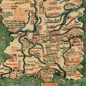 Matthew Pariss Map of Great Britain showing rivers & towns in the south of England & part of Wales, c. 1250 (1944)