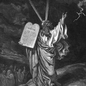 Moses descending from Mount Sinai with the tablets of the law (Ten Commandments), 1866. Artist: Gustave Dore