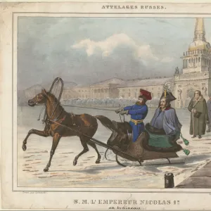 Nicholas I of Russia in a sleigh, 1850. Artist: Anonymous