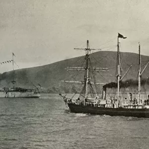The Nimrod Passing H.M.S. Powerful, ... in Lyttelton Harbour, 1 January 1908, (1909)