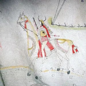 North American Indian decorated skin, showing a horse and rider, from the Arapaho tribe