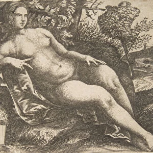 Nude woman (Venus) reclining in a landscape, 1517. Creator: Domenico Campagnola