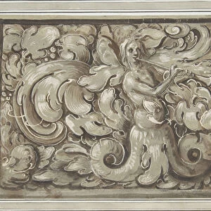 Nymph Playing a Horn (recto); Bracket with a Mans Head (verso), 16th century
