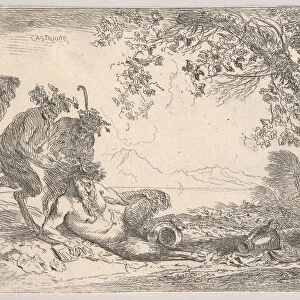 Pan reclining at left with two standing satyrs, a large vase on a pedestal at right, ca