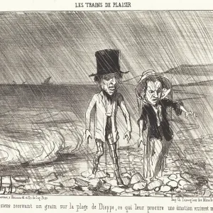 Print of Parisians experiencing a squall on the beach at Dieppe Print of Parisians experiencing a squall on the beach at Dieppe
