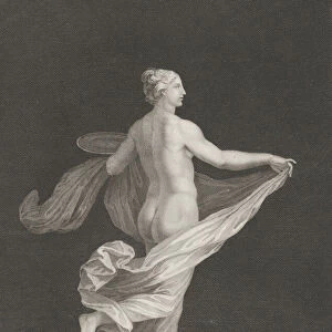 A partly naked bacchante seen from behind, facing right and holding an oval d... ca