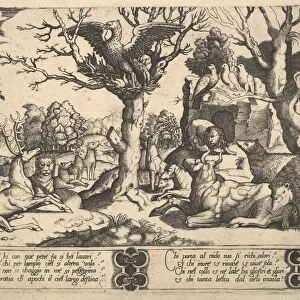 A phoenix sat atop a tree, wings open, an assortment of animals below, 1530-60