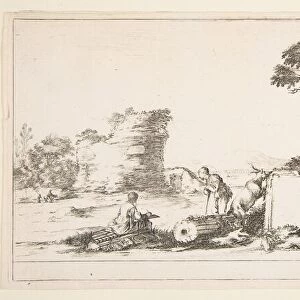 Plate 12: a seated draughtsman to left, a standing shepherd next to him to right, ruin