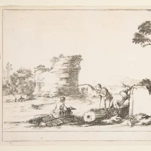 Plate 12: a seated draughtsman to left, a standing shepherd next to him to right, ruin