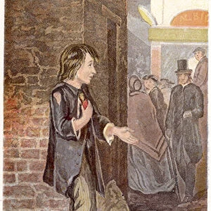 A poor boy, shoeless and in rags, begging on a street corner, c1880
