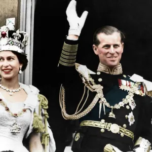 Queen Elizabeth II and the Duke of Edinburgh on their coronation day, Buckingham Palace, 1953