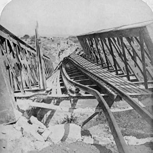 Railway bridge across the Vals River at Kroonstad, blown up by the Boers, South Africa, 1901. Artist: Underwood & Underwood