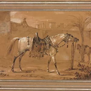 Saddled Arabian Horse in Courtyard, 1820. Creator: Carle Vernet (French, 1758-1836)