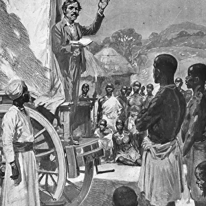 Scottish explorer and missionary David Livingstone preaching from a wagon, Africa, 19th century